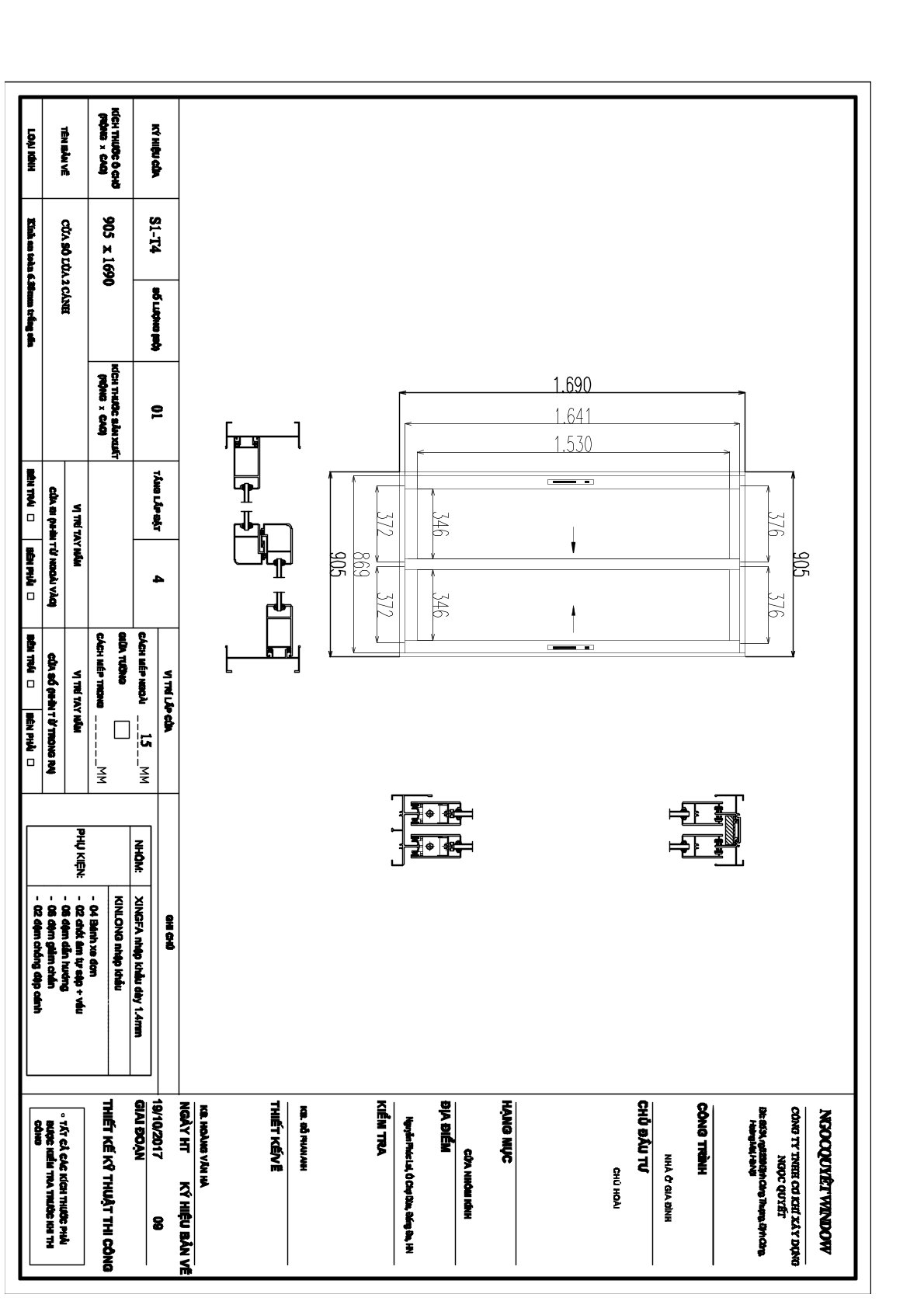 Bản vẽ kỹ thuật cửa sổ nhôm kính trượt 2 cánh kích thước 905 x 1690 mm